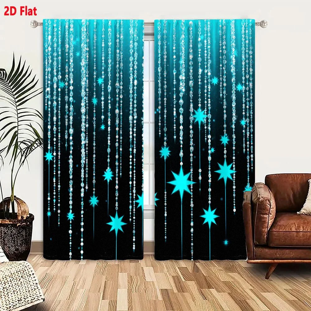 2Pcs Curtains 2D Flat Dark Blue To Black Background With Vertical White Bead Strands And Glowing Turquoise Star Decorations Wind