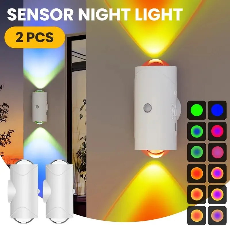 2 Stück USB-Lade-Smart-Induktions-Sonnenuntergangslicht mit 8 Lichteffekten, dimmbares LED-Nachtlicht mit Magnetfunktion, tragbares, abnehmbares Licht, doppelköpfige RGB-Gradient-Ambientebeleuchtung,