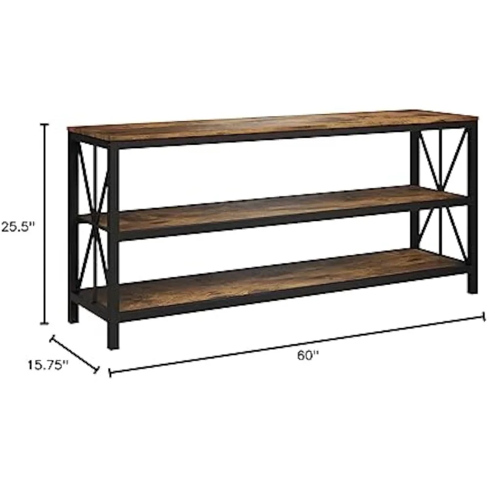 Farmhouse TV Stand – 3-Tier Open Back Entertainment Center for 70-inch Television, Barnwood Media Console Shelves