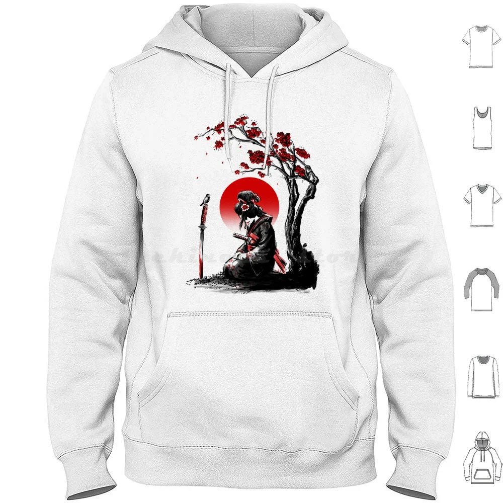 Onna Bugeisha Hoodie Cotton Long Sleeve Ronin Geisha Japan Japanese Sumi E Ink Tree Red Sun Anime Sleeve