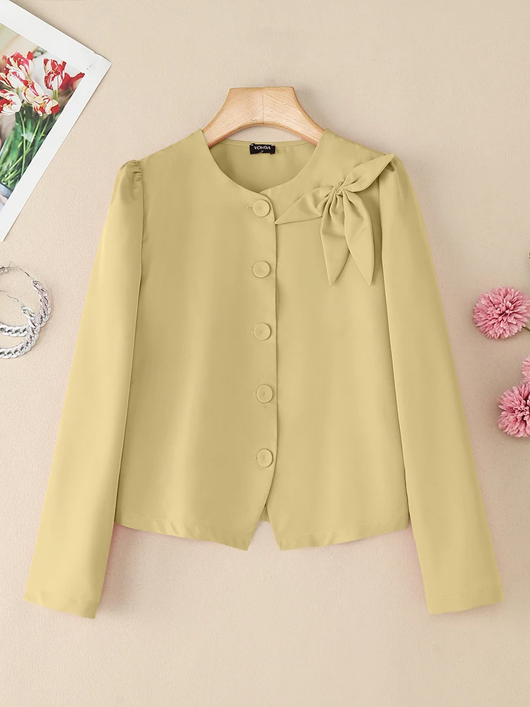 

Женская блузка OL VONDA, модные рубашки с длинным рукавом, элегантные осенние топы с пышными рукавами и пуговицами, с бантом, офисные женские Blusas Femininas