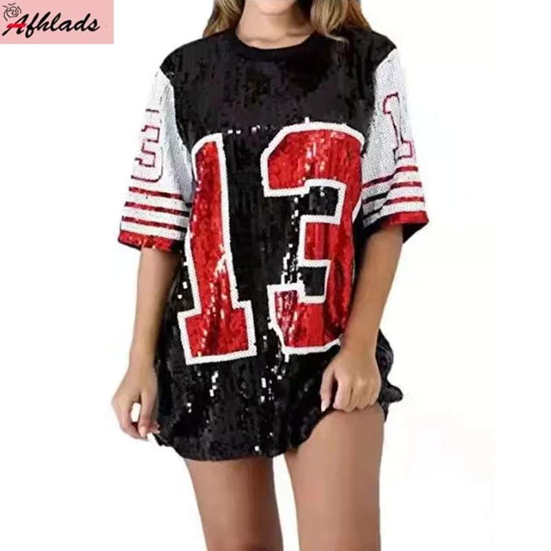 Digital Designer Patchwork Striped Short Sleeve Hip Hop T-Shirt Female Summer New Sequin Loose Streetwear Night Club Women's Top