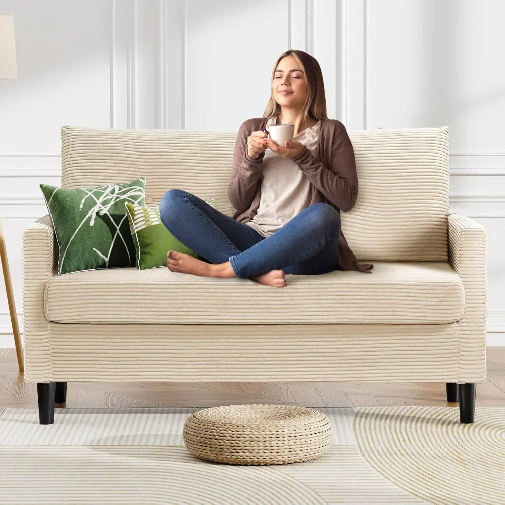 

50" Small Loveseat Sofa Beige Corduroy, Small Couch for Living Room, Bedroom, Office, Comfy Love Seat with Deep Seat Spring