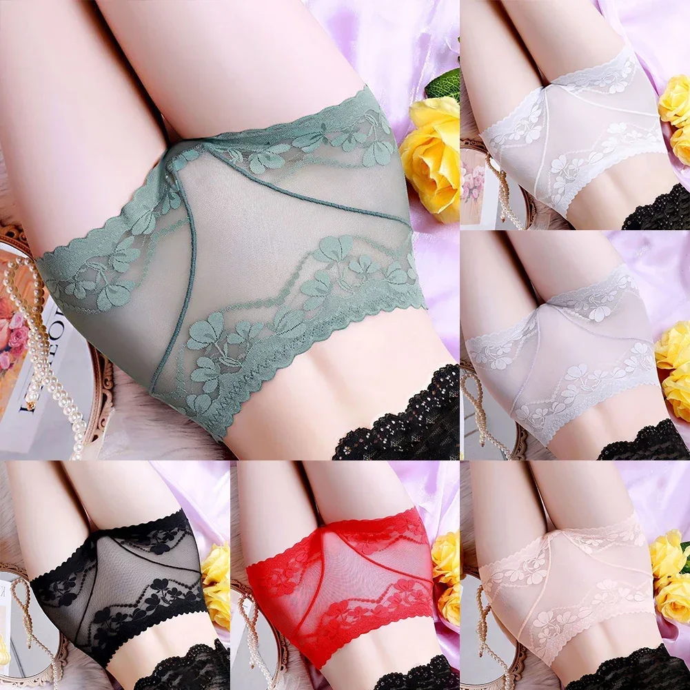 Women Floral Mesh Comfort Sheer Transparent Underwear High Rise Seamless Briefs Panties Elastic Solid Ladies Shorts