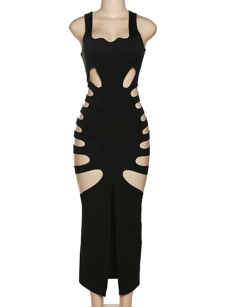 Abito sexy cavo donna estate nuovo senza maniche diviso solido skinny elasticizzato maxi aderente clubwear coquette abiti slim