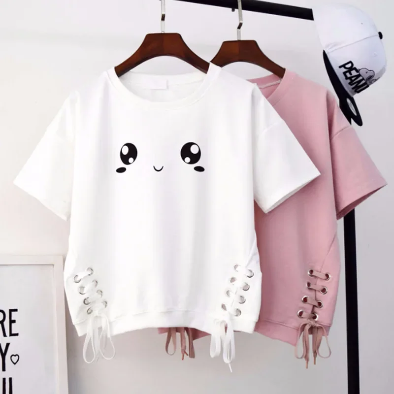 Camisetas blancas con estampado divertido para mujer, ropa Kawaii, Top de manga corta, Harajuku coreano, camisetas lindas con cordones para mujer, camiseta para mujer