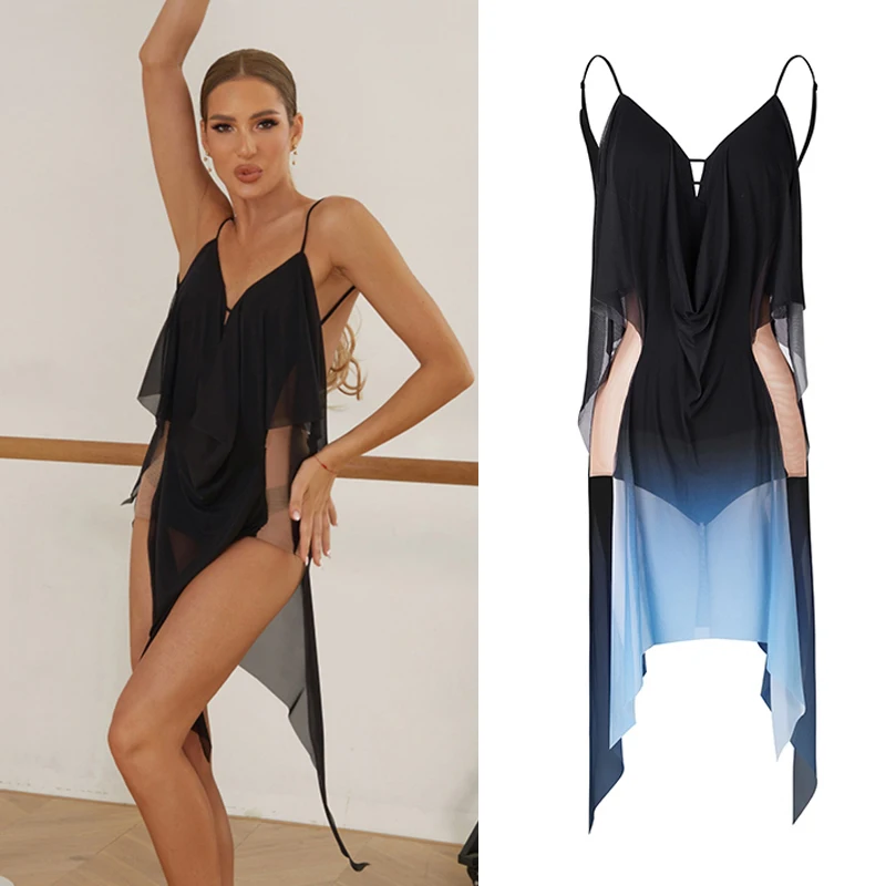 

Sexy Mesh Print Backless Latin Dance Dress For Women Black Sleeveless Latin Dress Halter Ballroom Competition Dresses SL5400