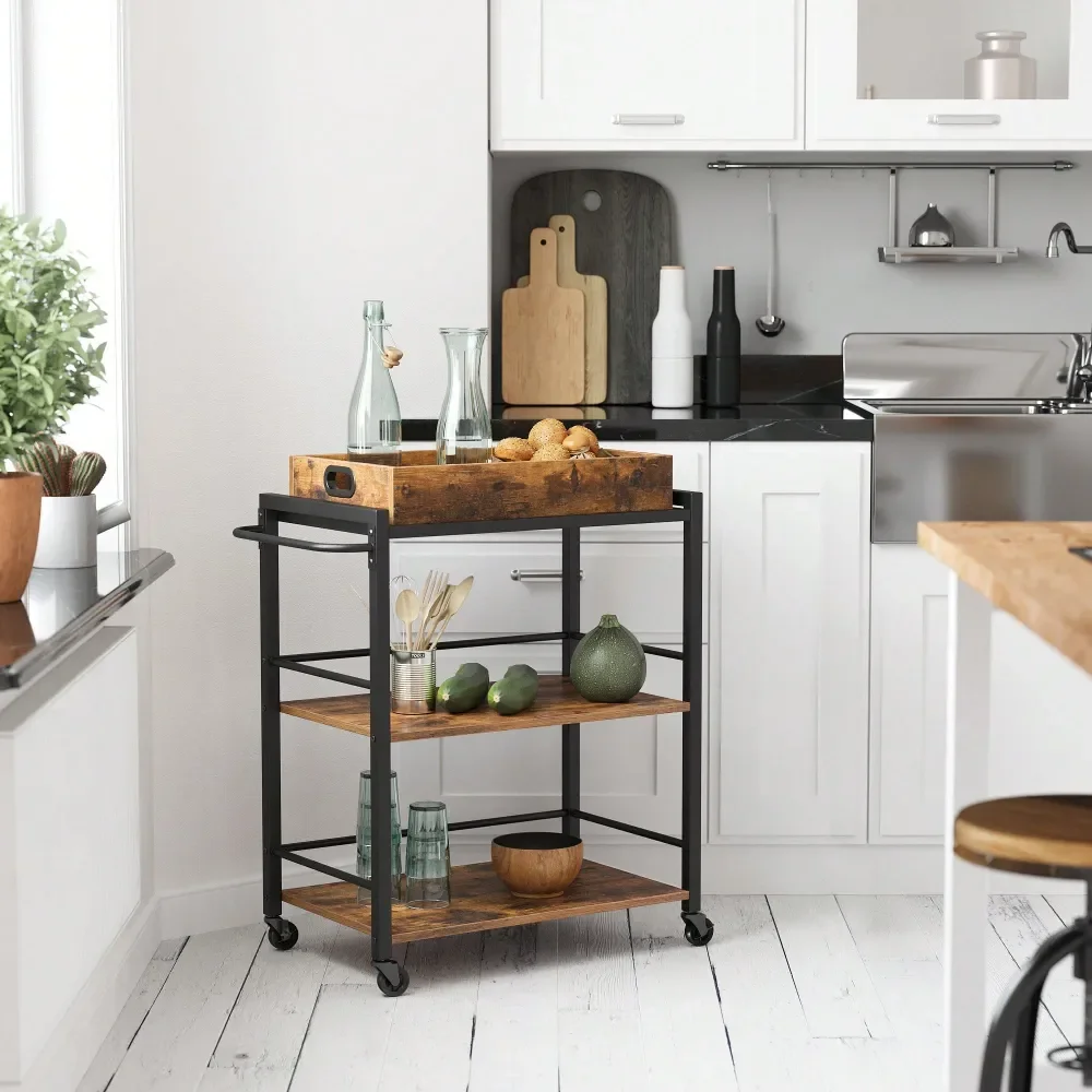 

Kitchen Serving Cart With Removable Tray, 3Tier Kitchen Utility Cart On Wheels With Storage, With Brakes, Leveling Feet, 15.7 X