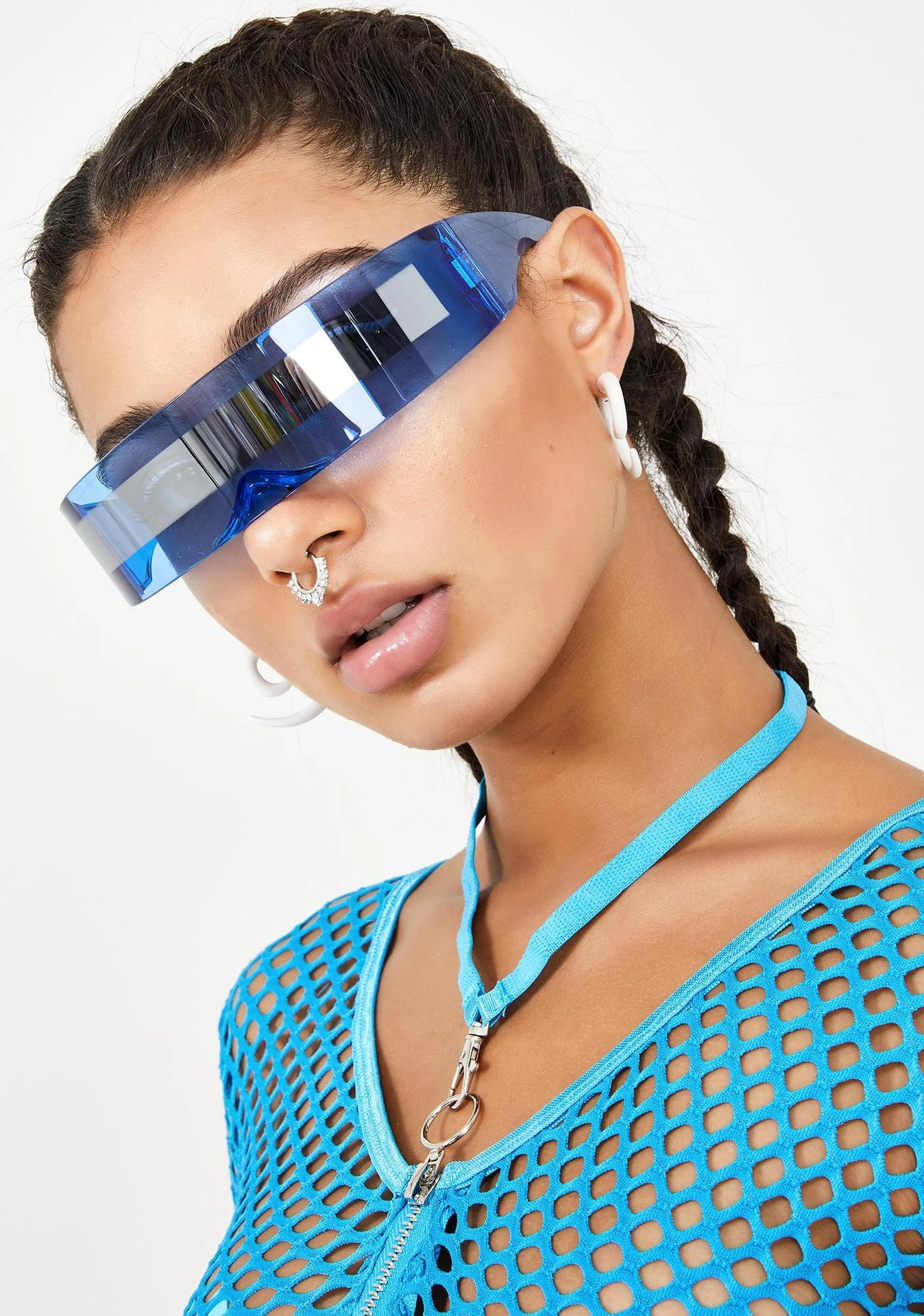 Futuristische Damen-Sonnenbrille mit schmalem Visier, Laser-Brille, Persönlichkeit, verspiegelte Gläser, integrierte Herren-Sonnenbrille – Detail 2