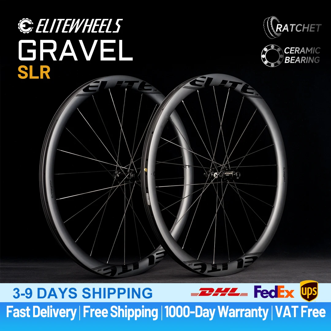 Zestaw kół karbonowych ELITEWHEELS SLR GRAVEL, system Ratchet 36T, hamulce tarczowe, kółka Cyclocross 700C, mocowanie Center Lock