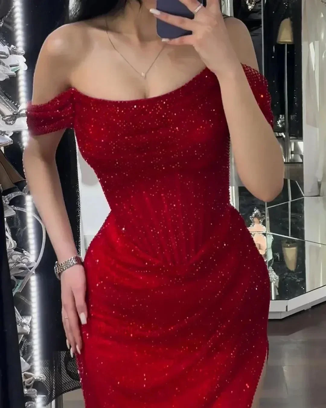 Damen Abendkleid 2026 Neues Diamant-Pailletten-Abendkleid Schulterfreies Schmales Bodenlanges Kleid Mädchen Hochzeit Brautjungfernkleid