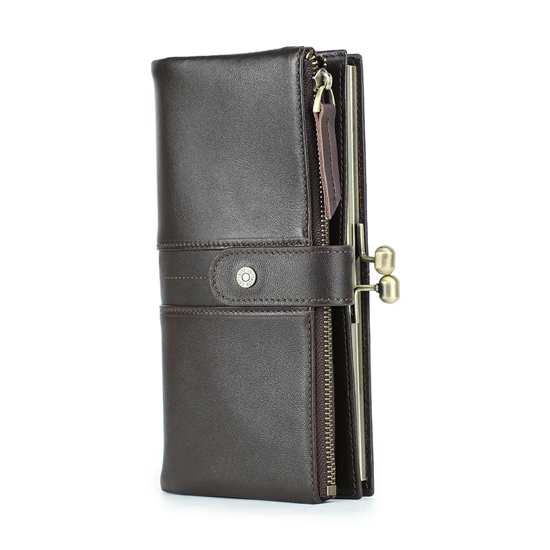 

Contact'S Metal Frame Long Wallet Women Card Holder Oil Leather Purse Hasp and Zipper Woman Hold 6.7" Phone Coin Pocket