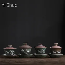 Sancai Tureen Ceramic Kung Fu Tea Creative Crane Home Queen Cup Tea Bowl Sopera De Ceramica Gaiwan Coarse Pottery Tea Set