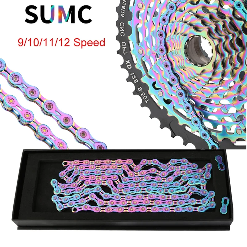 

Велосипедная цепь SUMC Rainbow 116/126L, полуполая легкая конструкция, волшебная пряжка, совместимая с 9/10/11/12-скоростным MTB/дорожным велосипедом