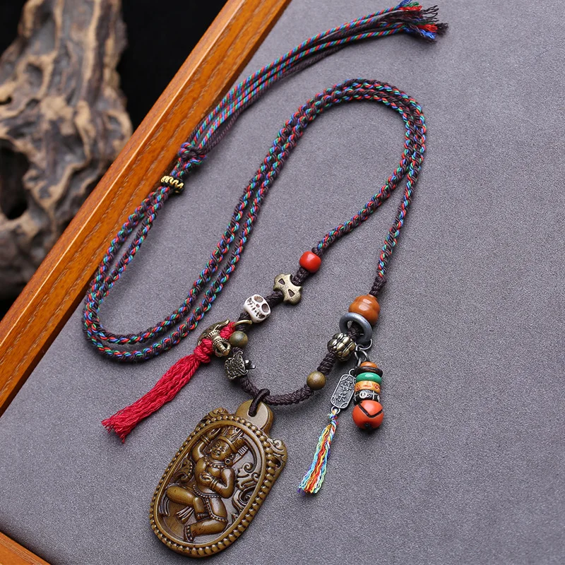 Vajra Yoga Mother Buddha Pendant Clavicle Chain With Mani Beads And Backflow Bone Braided Rope Necklace