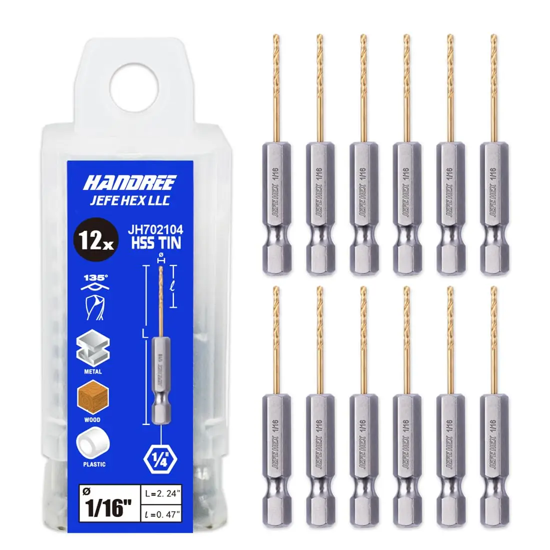 

12-Piece HSS Titanium Drill Bits, 1/16" Hex Shank for Quick Change, 135° Split Point - Ideal for Steel, Wood & More