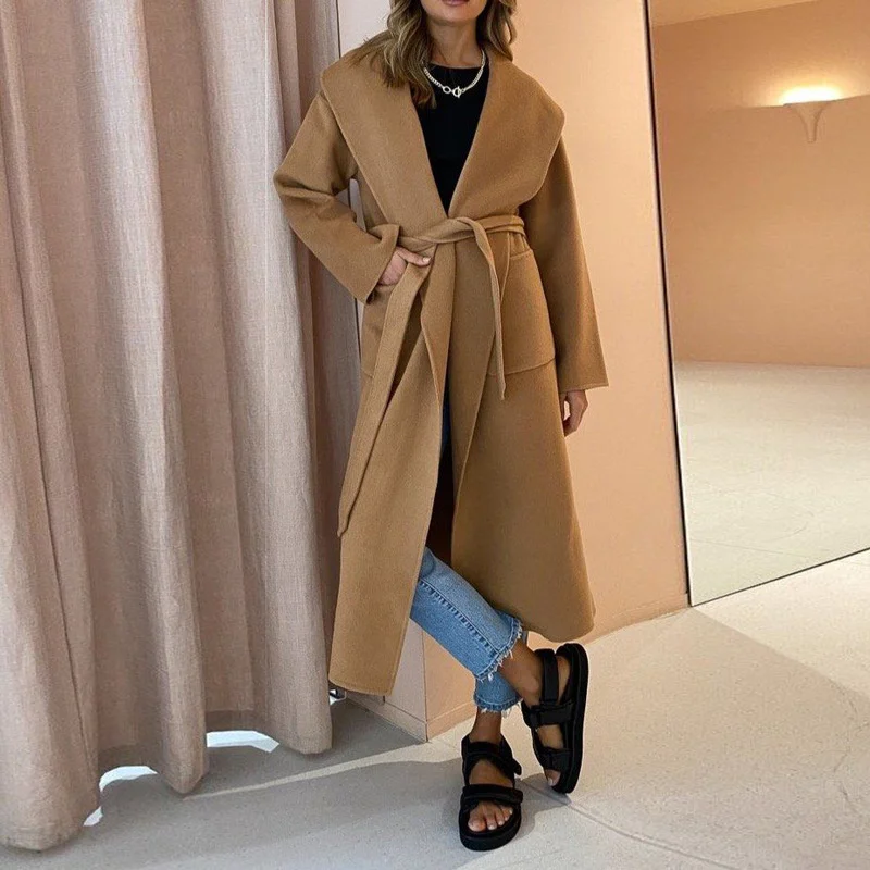 

Women's Autumn and Winter Brown Big Suit Tie Tie Double-sided Loose Woolen Coat Jacket Female Korean Version Coats and Jackets