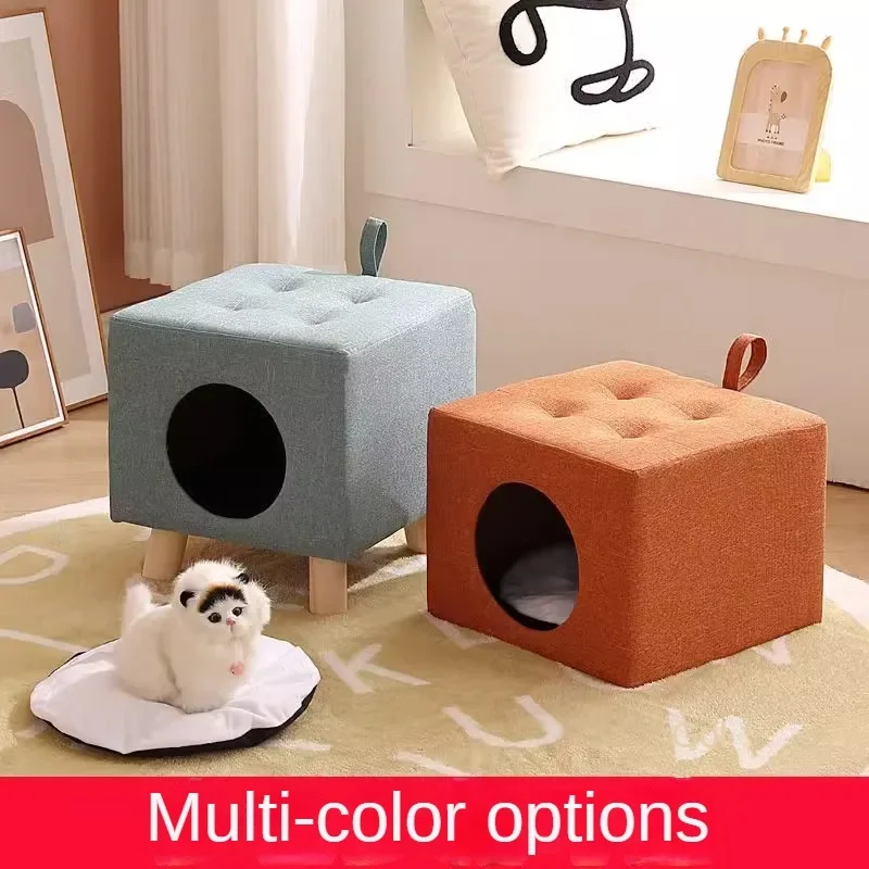 Wooden Cat Furniture Cat House Bed Stool Enclosed Cat House Warm Pet Accessories Pet Accessories Mat