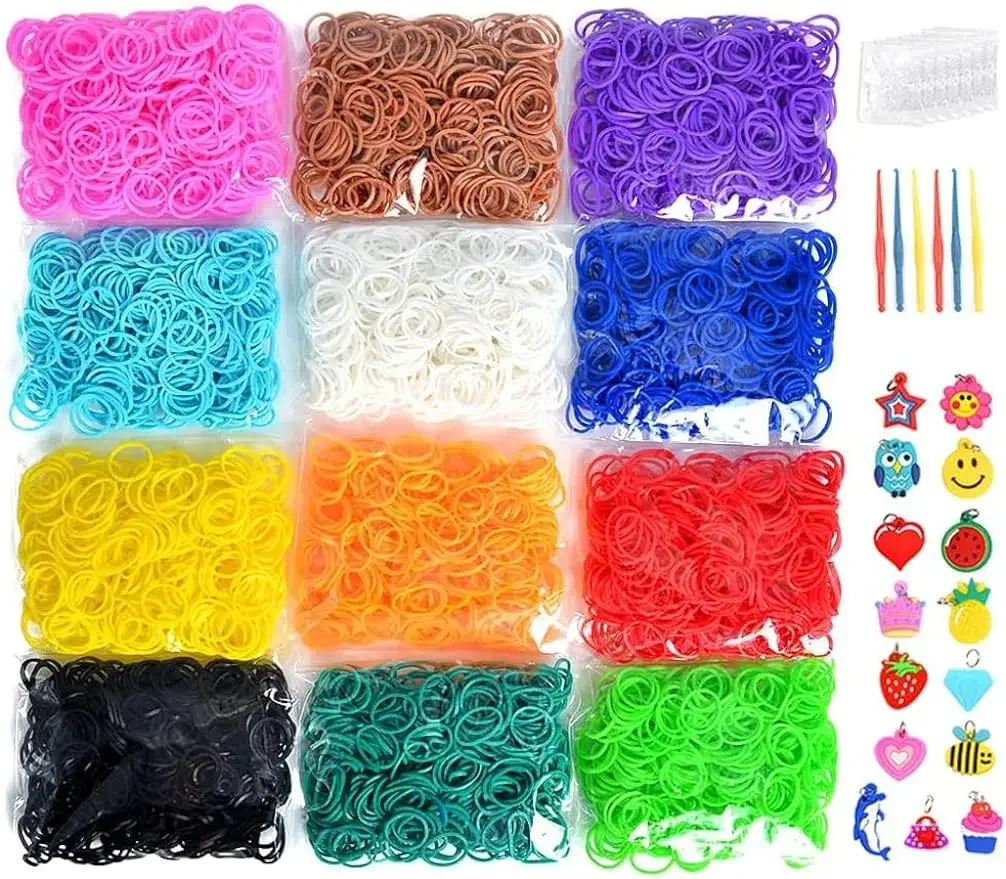 7200+ Bunte Gummibänder, Nachfüllset, hochwertige Loom-Gummibänder in S-Clips, schöne Charms, Häkelnadeln, Loom Board