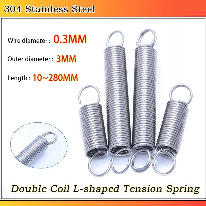 304 Stainless Steel O Ring Hook Extension Spring Tension Spring Double Coil L-shaped Spring Wire Dia 0.3MM OD 3MM L: 10~280MM