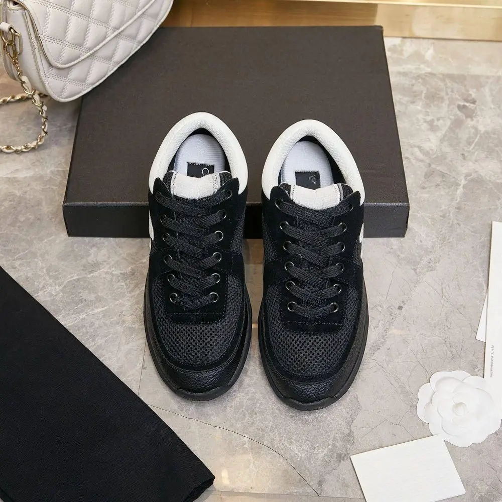 Unisex Round Toe Low Top Platform Casual Shoes Black Mixed Mesh Leather White Inner Collar Lace Up Outdoor Sneakers