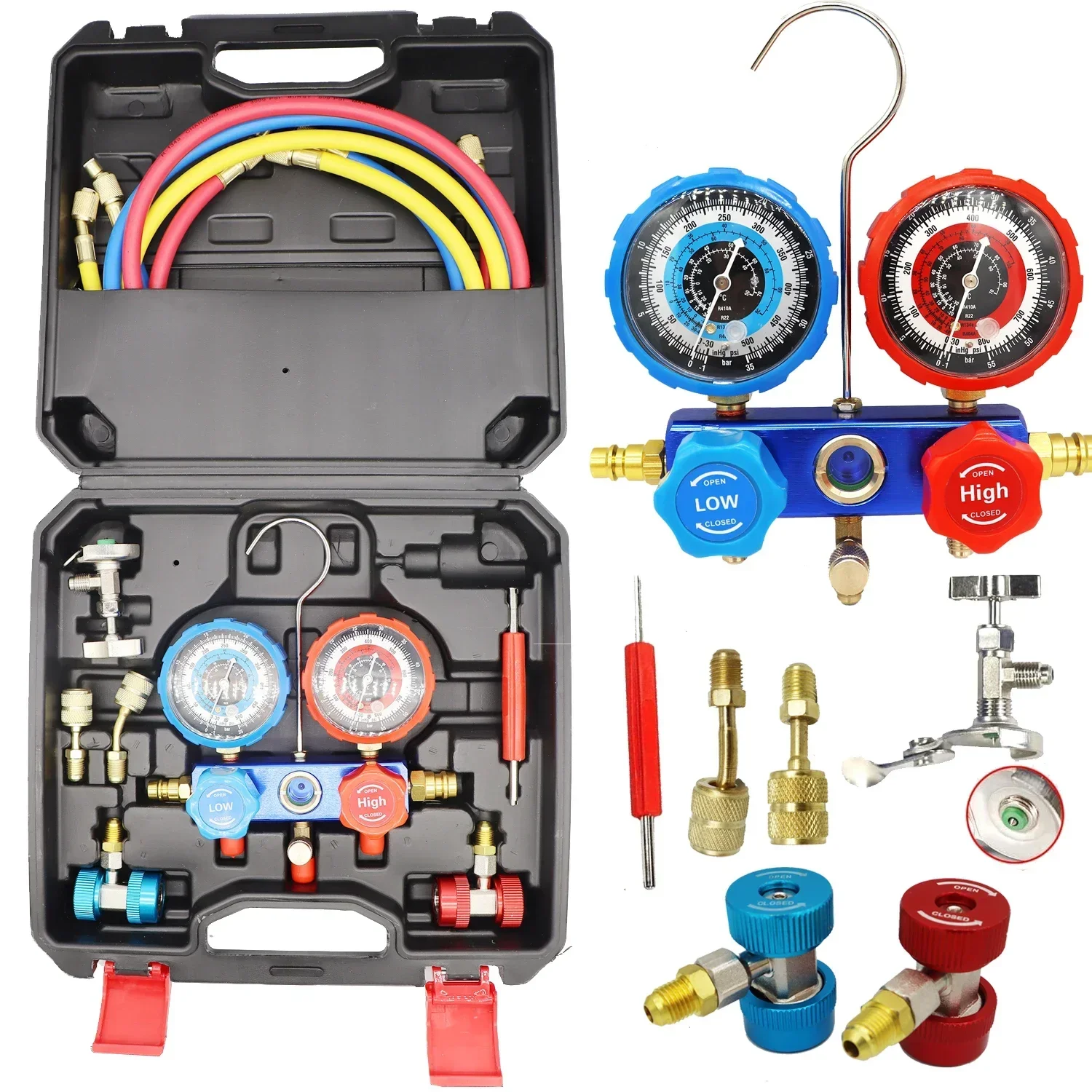 3 Way Manifold Meter Air Conditioner Diagnostics Freon Charging Kit - For R134A R404A R410A R22 Refrigerant 2 couplers