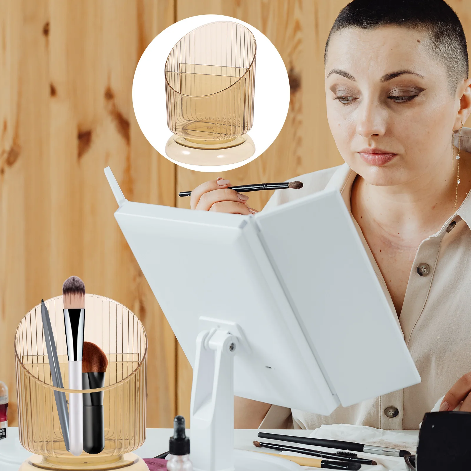 

1pcs Makeup Brush Storage Organizer 3-Compartment Pet Desktop Holder Bathroom Sundries Box Multifunctional Container