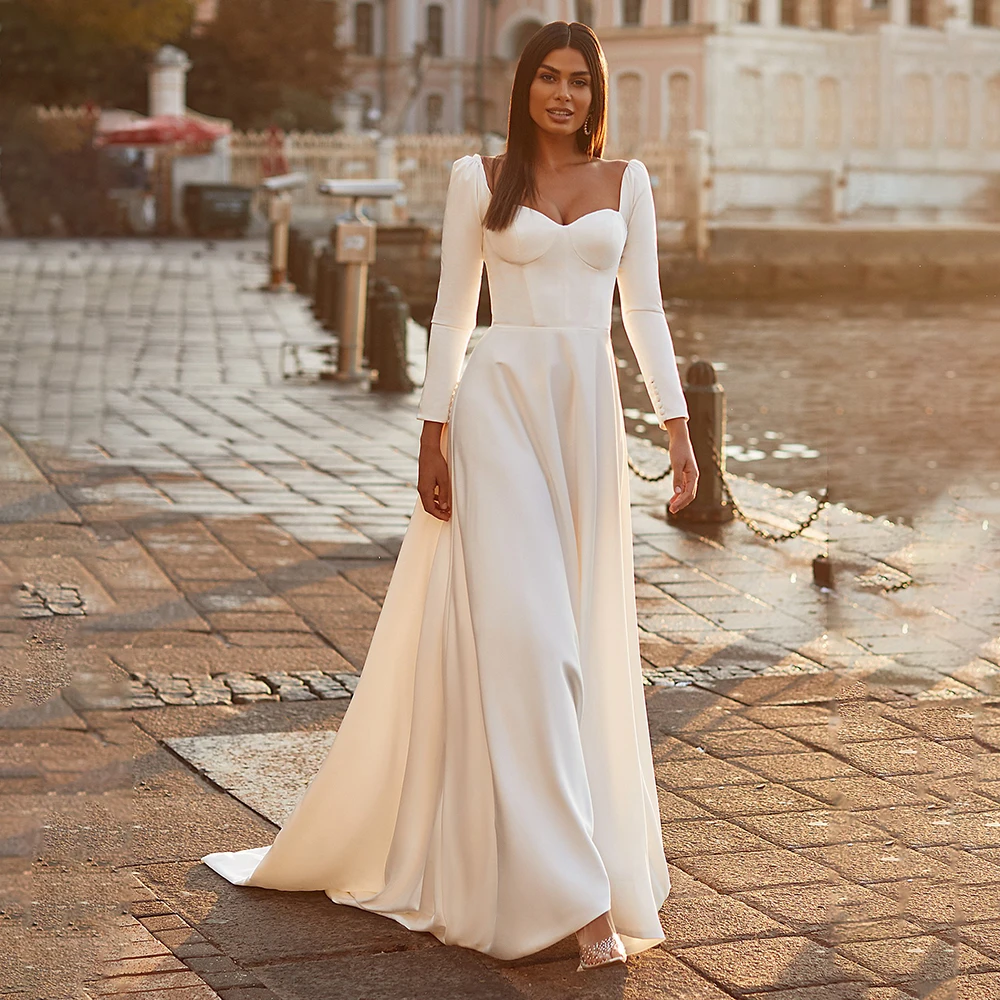 Robe De Mariée en Satin doux pour femmes, Simple, décolleté en cœur, manches longues, dos nu, traîne, ligne A, 2023