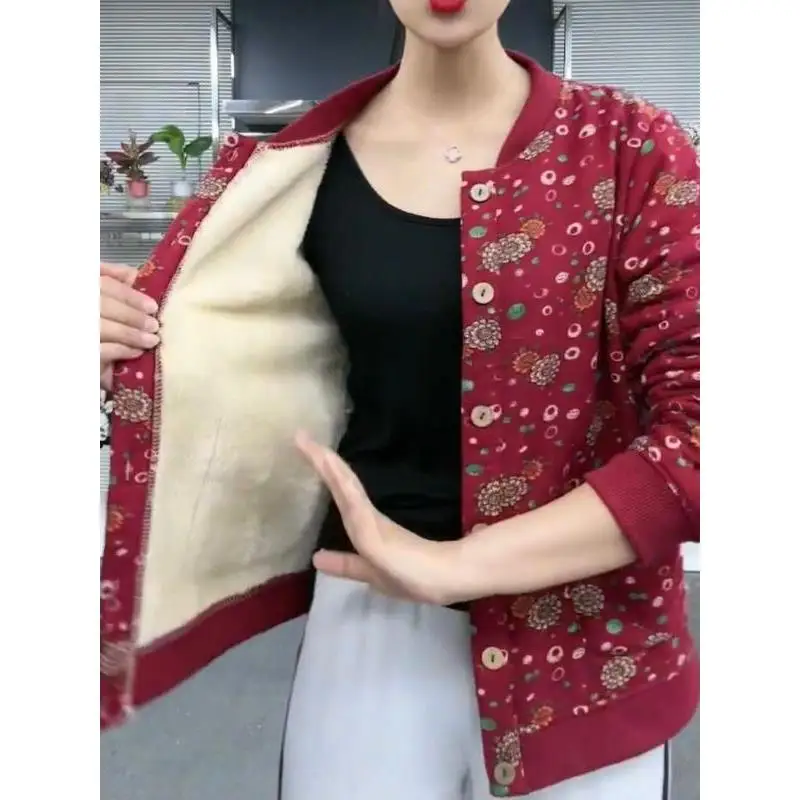

Warm Fce Lined Thiened Baseball Sle Jaet for Middle-Aged Women Autumn Winter Mom Clothes Small Floral Print Outerwear