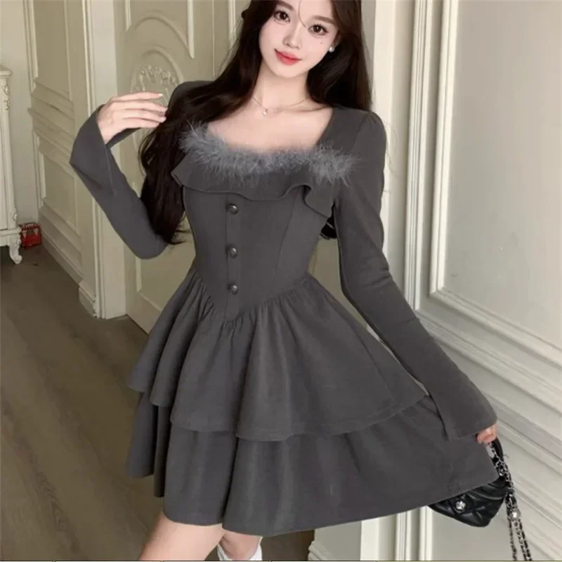 French Ballet Women Mini Party Dress New Spring Fashion Big Size 3XL Square Collar Short Cake Dress Long Sleeve A Line Dress