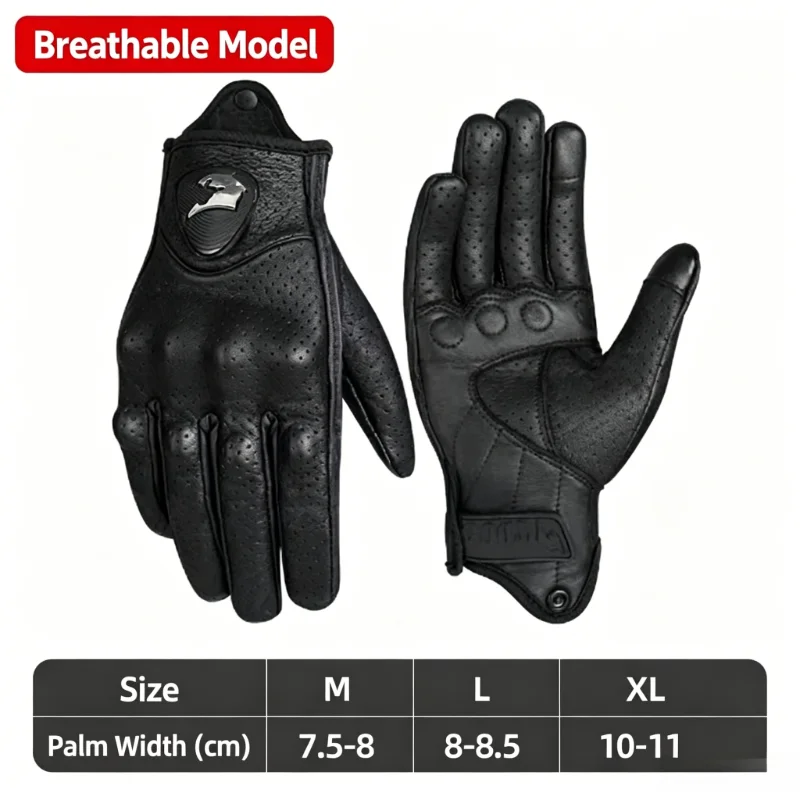 Vintage Genuine Leather Motorcycle Gloves Black Perforated Breathable Motorbike Gloves Full Finger Motocross Biker Moto Guantes 6