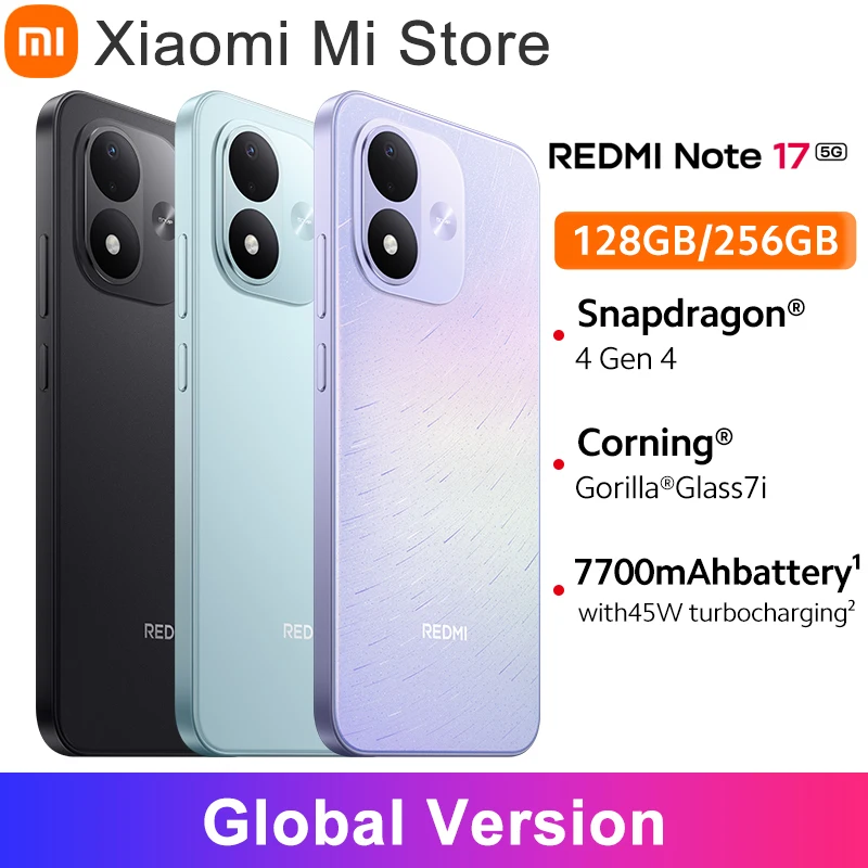 Global Version Xiaomi Redmi Note 17 5G IP65 dust and water resistanced Snapdragont 4 Gen 4 7700mAh 45W turbo charging