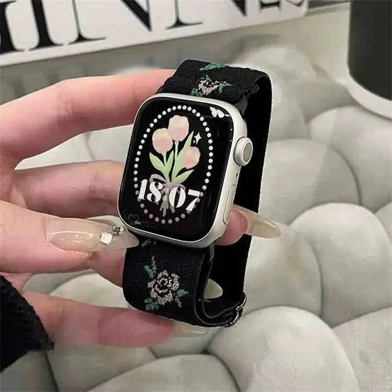 Nylon Embroidery Strap Belt Band For Apple Watch 46mm 45mm 44mm 40mm 49mm 41mm 42mm For iWatch Series 11 10 9 7 8 3 6 SE Ultra 3