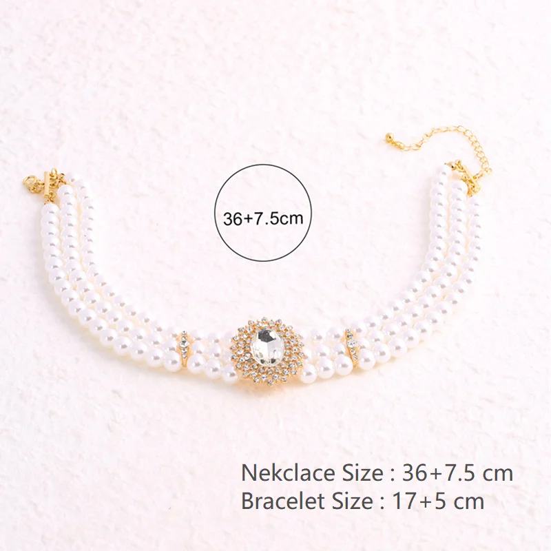 Statement Jewelry Elegant Fashion Crystal Rhinestone Choker Necklace Multi Strand Imitation Pearl Beaded Bracelet for Women