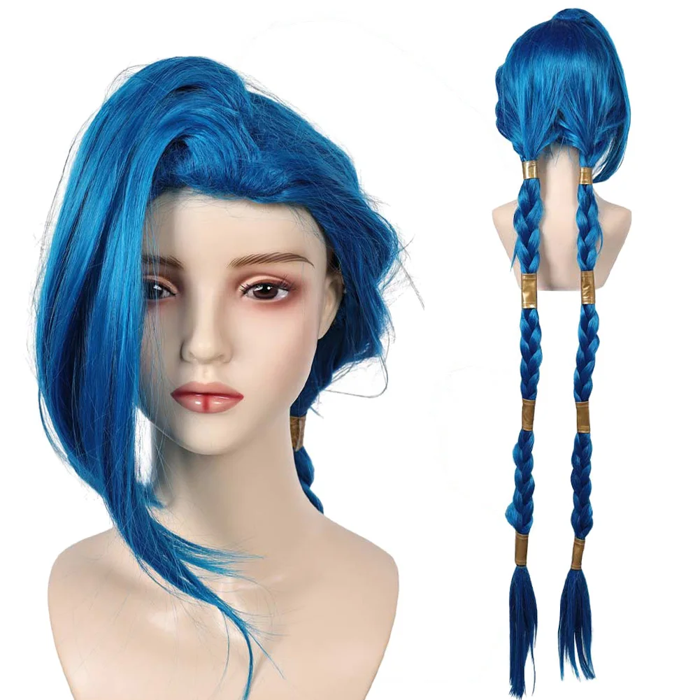 Game LOL Jinx Cosplay Wig Costume Accessories Women Role Long Braided Blue Heat Resistant Synthetic Halloween Disguise Props