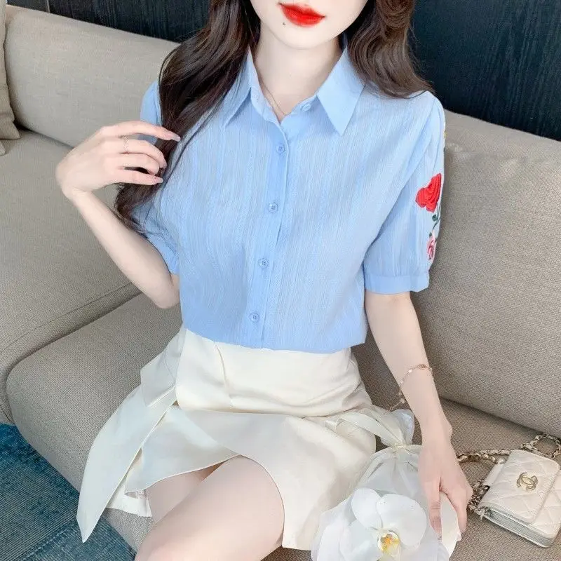 2024 Summer Solid Color Polo-Neck Single-breasted Embroidery Spliced Blouses Short Sleeve Fashion Casual Loose Commuter Shirt