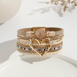 Pulseras de cuero con dijes de corazón de amor de Metal para mujer, pulsera envolvente de resina con diamantes de imitación bohemios, joyería de pareja, nueva moda