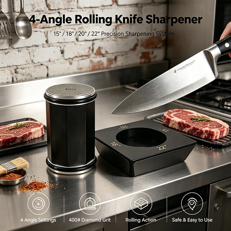 New Professional Octagonal Roller Knife Sharpener 4-Angle 15/18/20/22° Diamond Grinder Wooden Base With Magnet Precision Kitchen