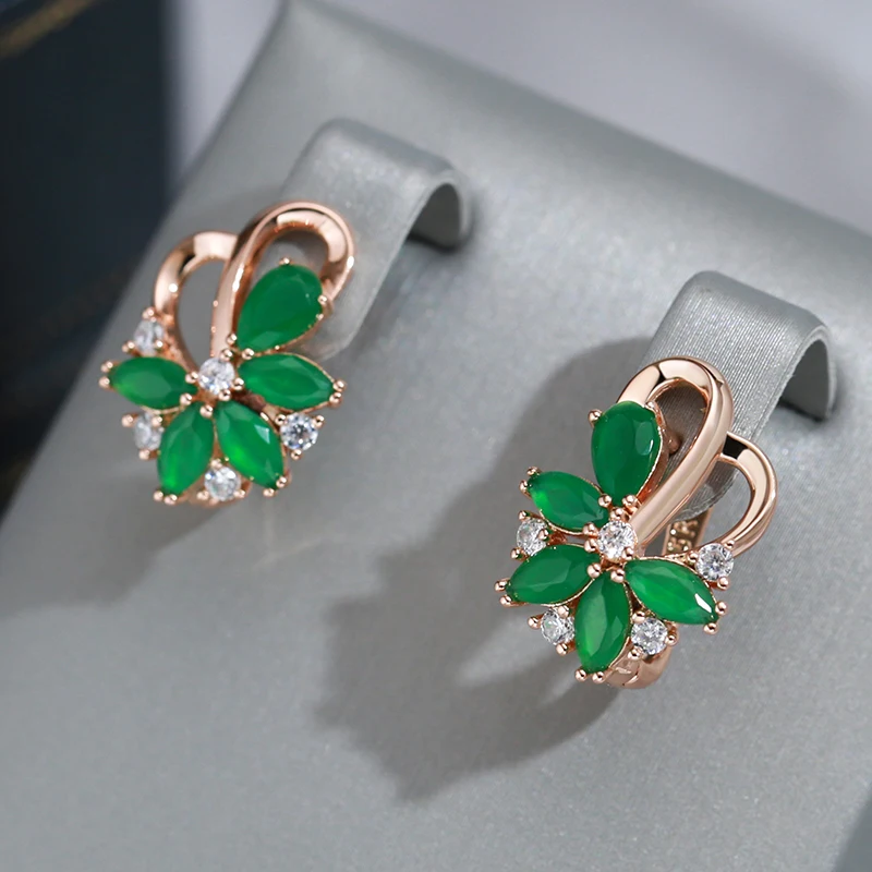 Wbmqda Luxury Green Crystal Flower Drop Earrings For Women 585 Rose Gold Color With Natural Stone Fine Wedding Party Jewelry