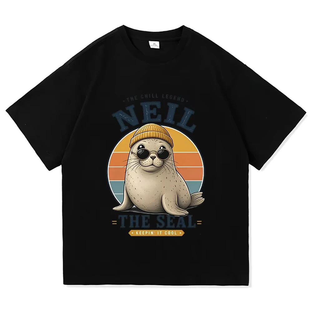 Neil The Seal Retro Cool Seal Vintage Graphic T Shirts Fashion Women Men Round Neck Short Sleeve Tee Cotton Casual Loose Clothes