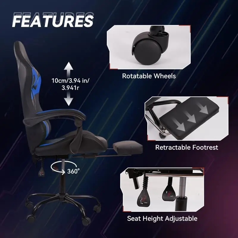 Gaming Chair with LED Light Control, Adjustable Backrest and Seat Height Swivel Recliner, Racing Style Ergonomic Office Computer