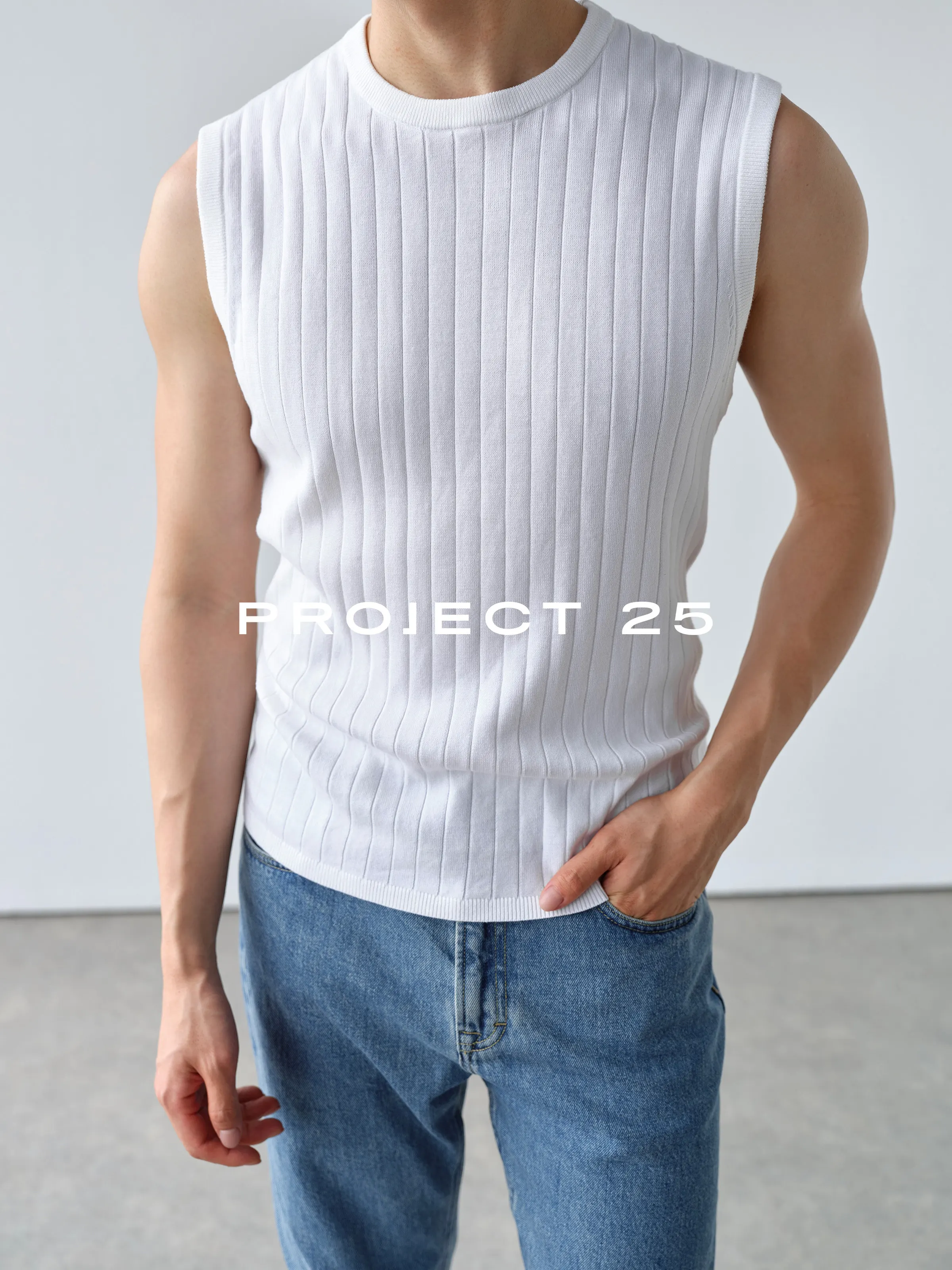 PROJECT 25Men Summer Double Yarn Cotton Vertical Rib Knit Vest Minimalist Sleeveless Tank Top Casual
