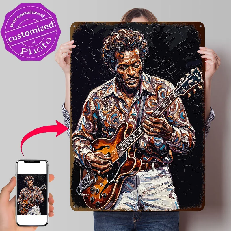 Chuck Berry Guitar Portrait 3D Texture Metal Poster Customized Wall Art Tin Sign Gift for Mancave Vintage Decorations Desk Decor