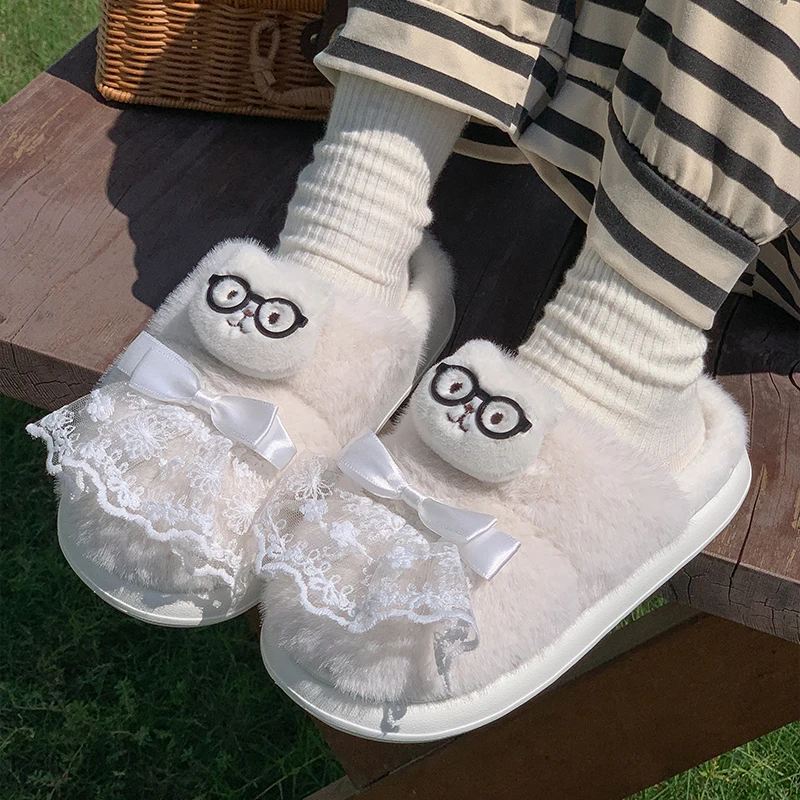 

Winter Fluffy Slippers Non-Slip Plush House Shoes with Lace Bow Ultra Soft Indoor Slippers for Women Men Warm Home Office Use