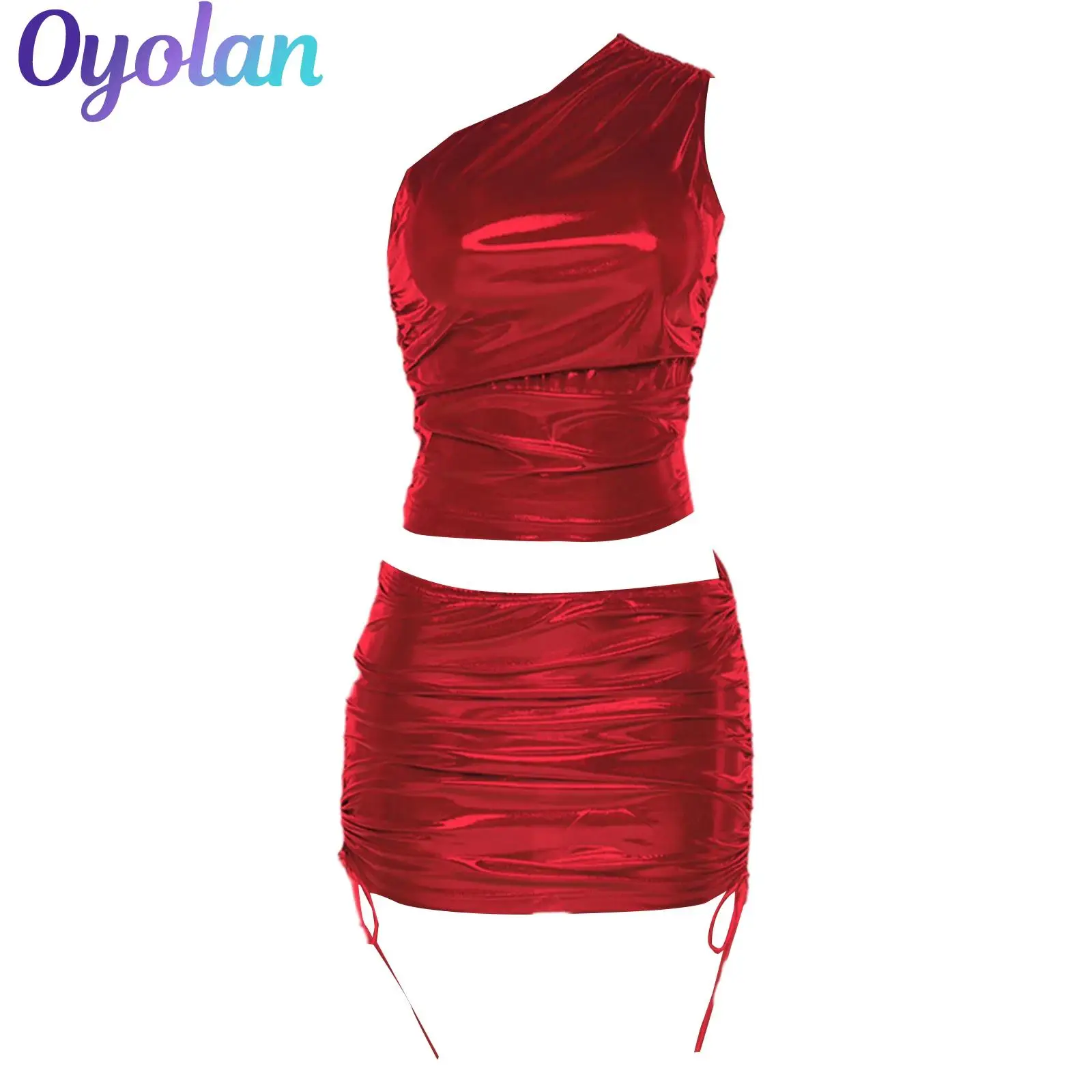 

Womens Metallic Shiny Pole Dance Outfits One Shoulder Crop Top And Drawstring Ruched Bodycon Miniskirt Raves Music Party Costume