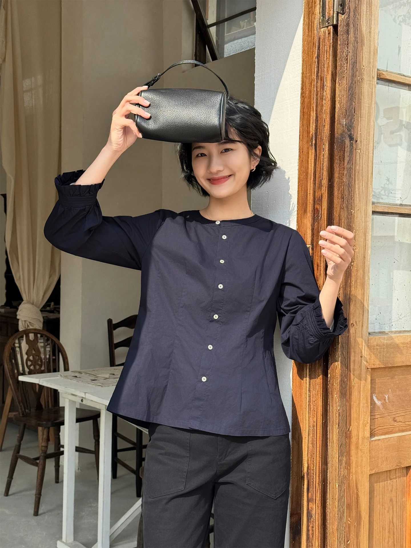 

Pure Cotton Long Sve round Ne irt Women's Slim Fit Inner Wear Casual Simple Sle Spring New Arrival Blue Color