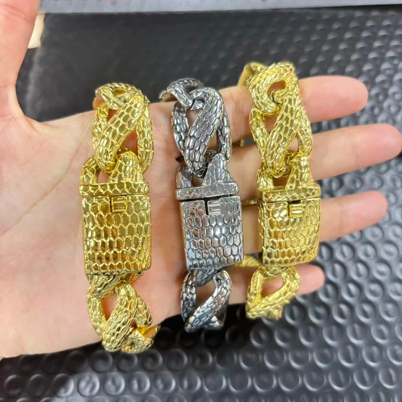 Kalen Schlangenhaut Cuban Link Herrenarmband Punk Schwerer Edelstahl Motorrad-Schmuck Vintage Metall-Accessoire Geschenk Wasserdicht – Detail 5