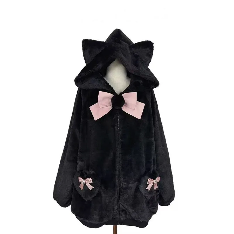 Japanese Y2K subculture long sleeve hoodies winter new Kawaii Harajuku bow design coats women's zipper loose sweet clothing tops