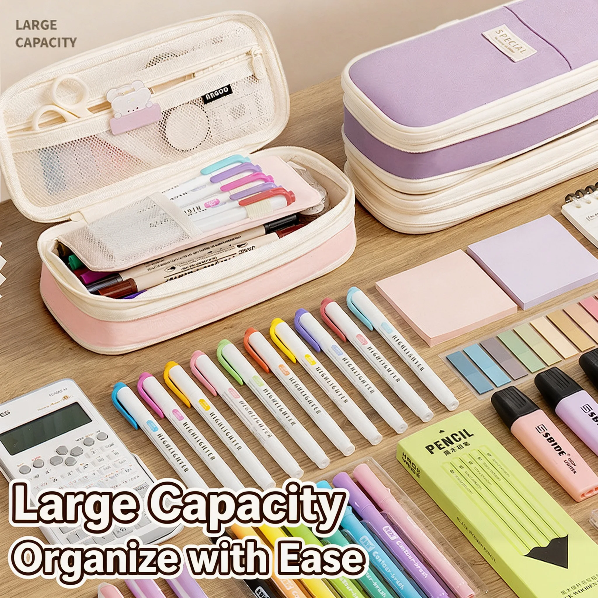 Large Capacity Double Layer Pencil Case Multi‑Compartment Stationery Pen Bag, Macaron Color Pencil Pouch for Students Back to Sc