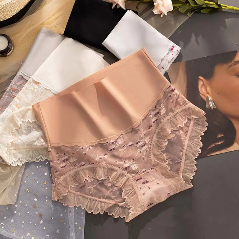 

Ultrathin Lace Panties for Women High Waist Cotton Crotch Mesh Flower Briefs Ice Silk Underpants Seamless Underwear Women